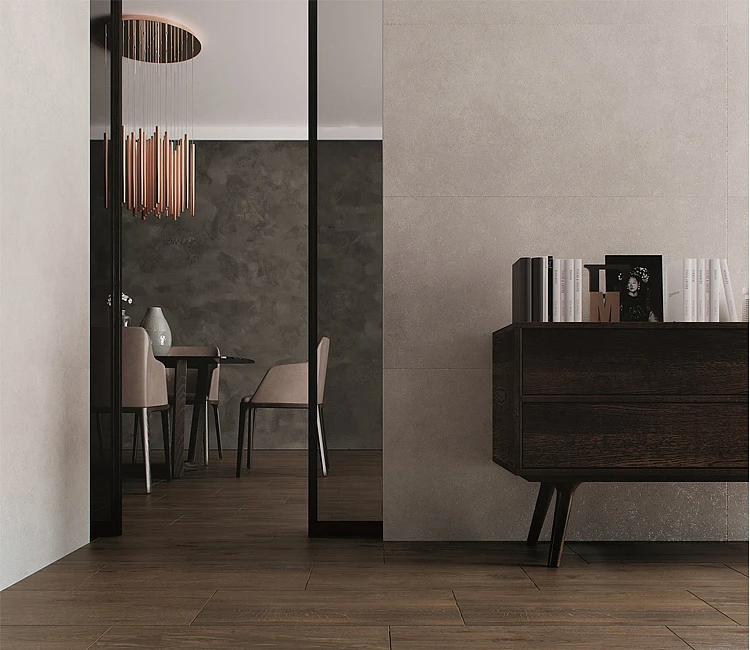 plytki-drewnopodobne-salon-wnetrza-jadalnia-750x650.jpg Płytki drewnopodobne w salonie - gres drewnopodobny MAXFLIZ