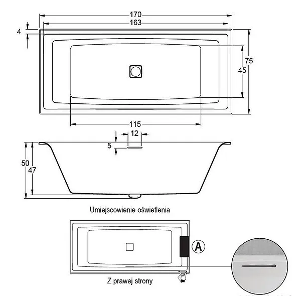 Riho Still Square Led Wanna Prawa 170x75 cm z syfonem Click+zagłówek biały BR0200500K00130