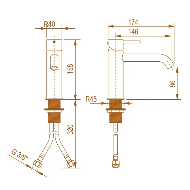 Seria 900 Bateria Umywalkowa niska bez korka BRUSHED COPPER ORODESIGN 90025900BC