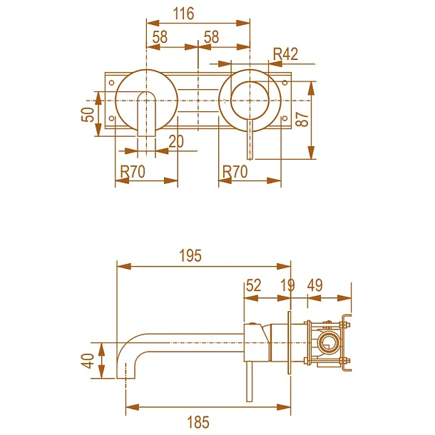 Seria 900 Bateria Umywalkowa podtynkowa bez korka BRUSHED COPPER ORODESIGN 90025902BC