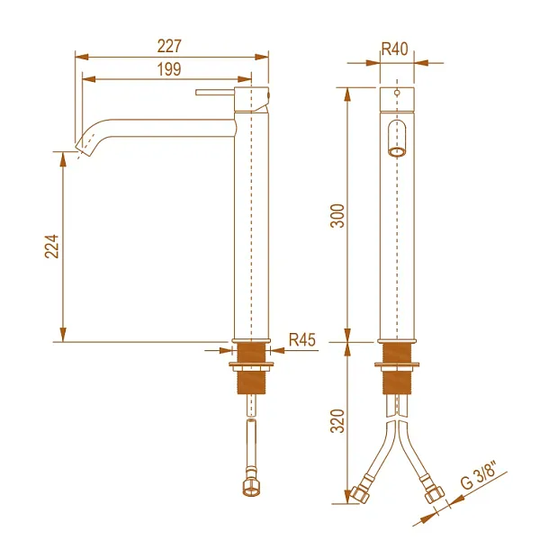 Seria 900 Bateria Umywalkowa wysoka bez korka BRUSHED COPPER ORODESIGN 90025904BC