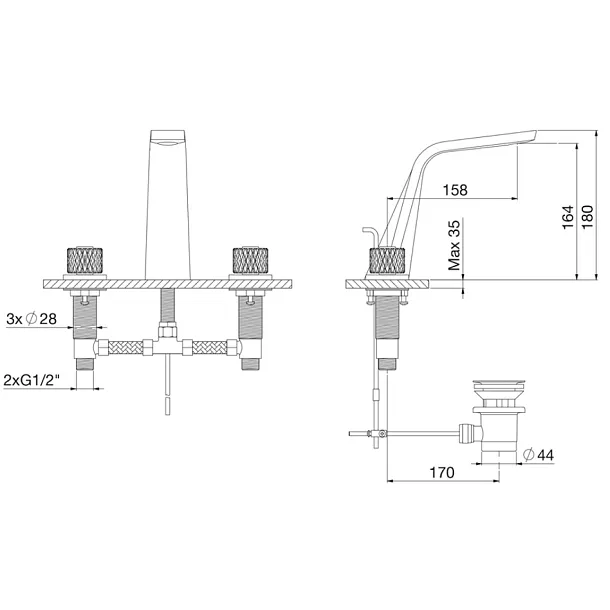 Steinberg 360 bateria umywalkowa 3-otworowa z korkiem chrom 360200016