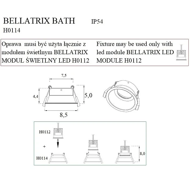 MAXLIGHT BELLATRIX H0114 OPRAWA WPUSTOWA BATH IP 54 BEZ MODUŁU ŚWIETLNEGO