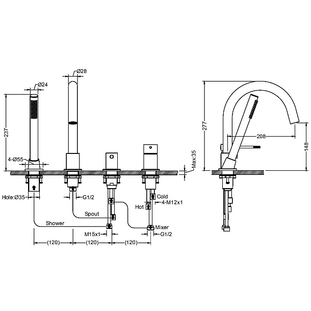 Mobi Northern Copper Brushed Bateria Wannowa 4-otworowa Mosiądz Szczotkowany NZW4235CB