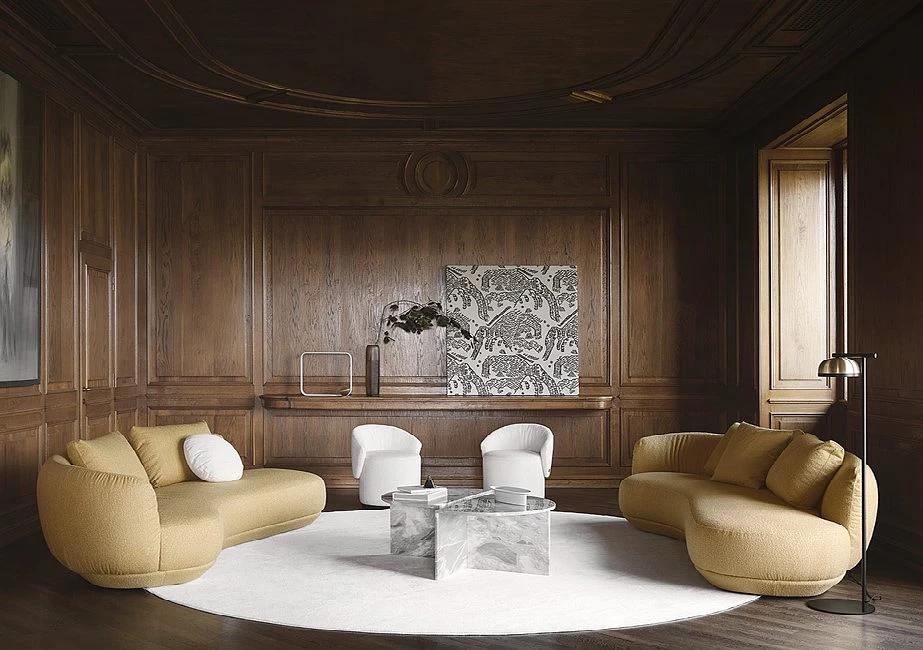 Salon w stylu Luxeliving z wykorzystaniem drewnianej boazerii. 