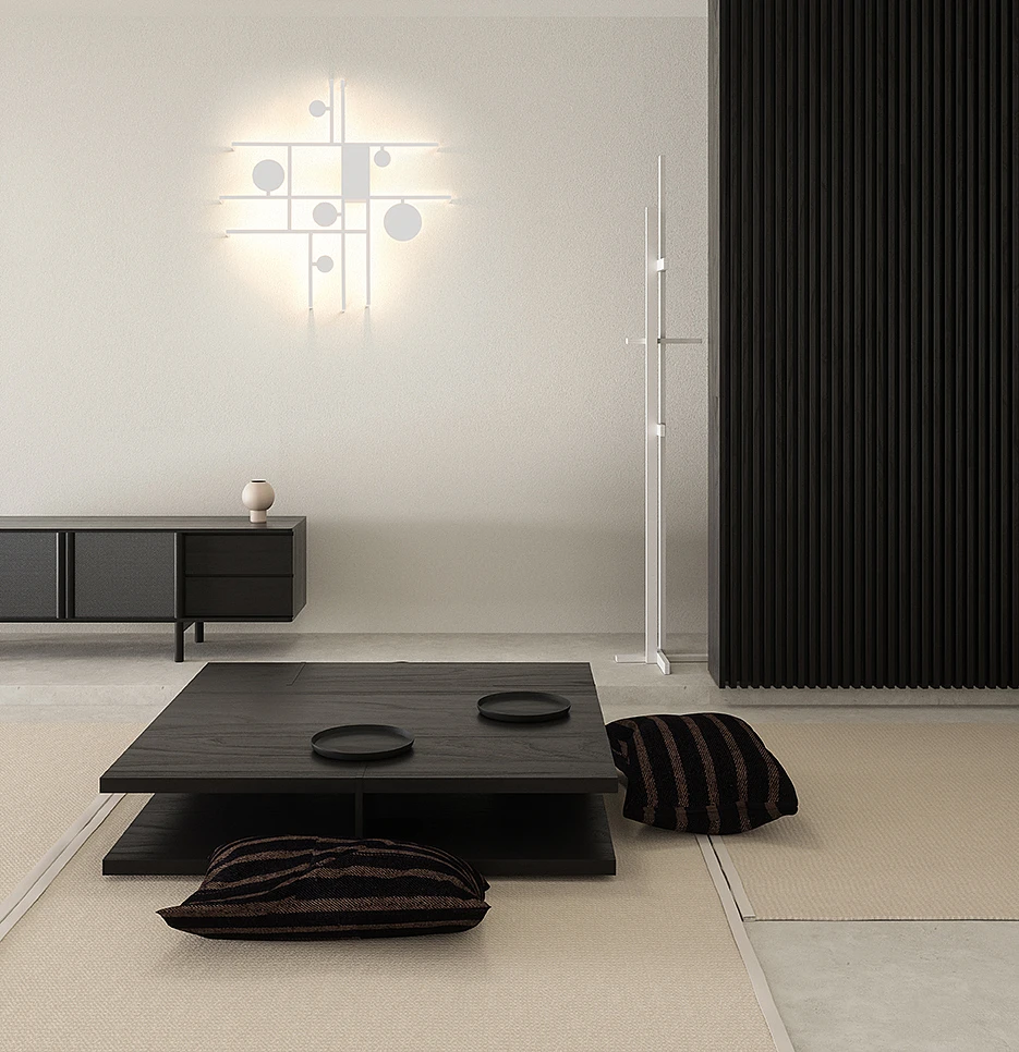 Nowoczesny salon w stylu japońskim z minimalistycznym kinkietem. 
