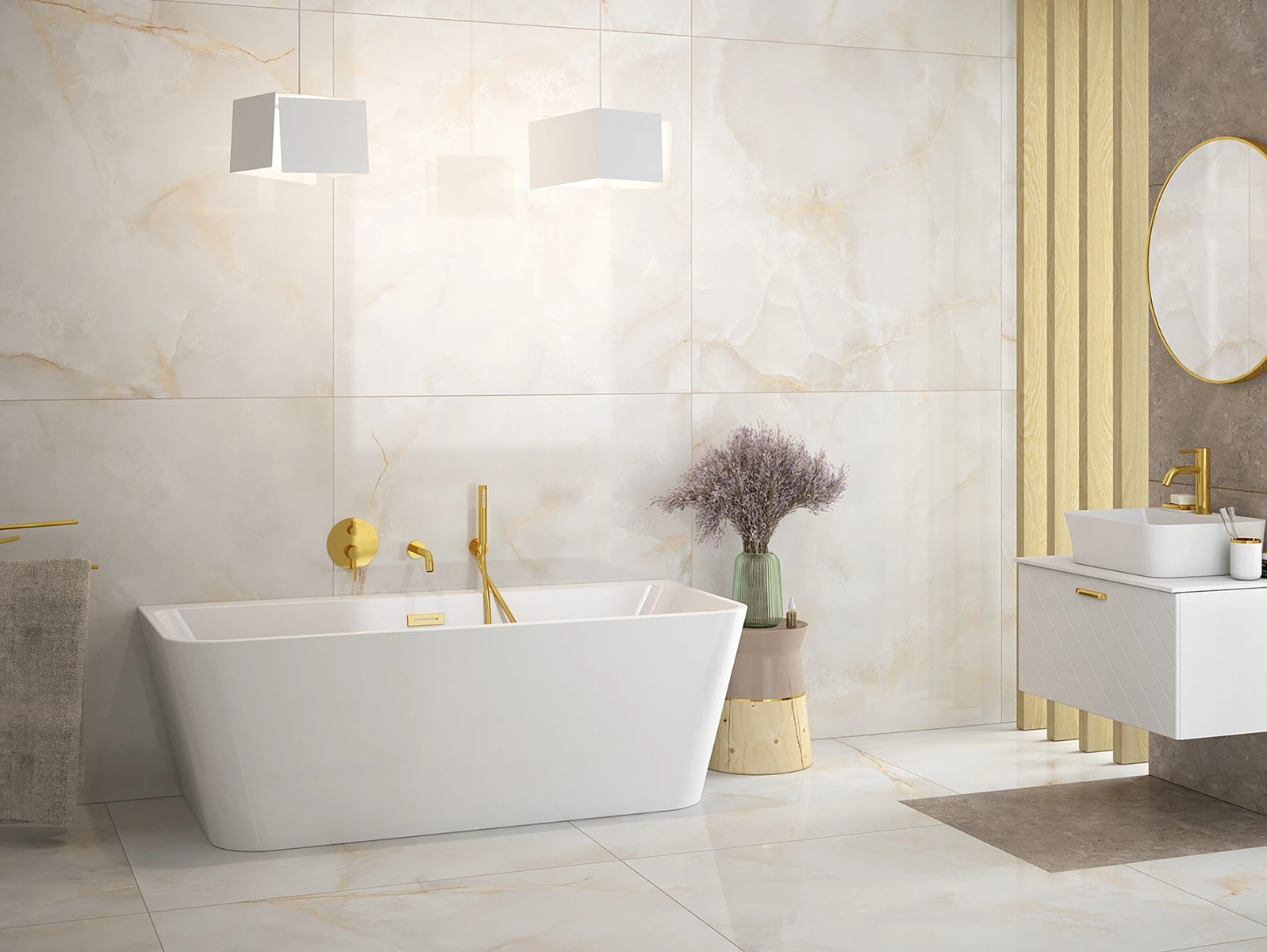 Jasna łazienka z wielkoformatowymi płytkami z motywem kamienia oraz złotymi akcentami.