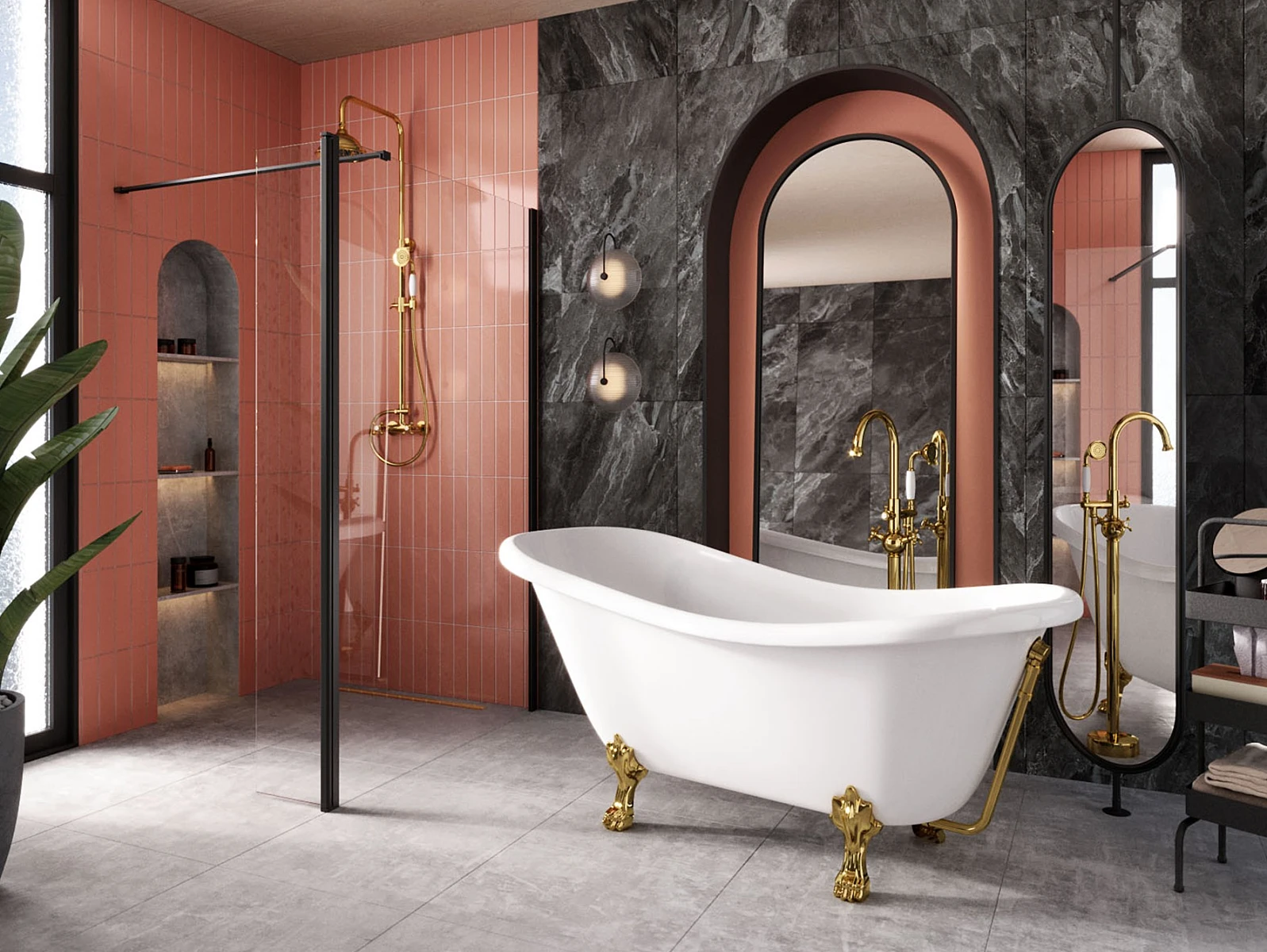 Aranżacja łazienki w stylu glamour z płytkami o kamiennej fakturze oraz o kolorze brzoskwiniowym, a także złotymi elementami i wanną wolnostojącą. 