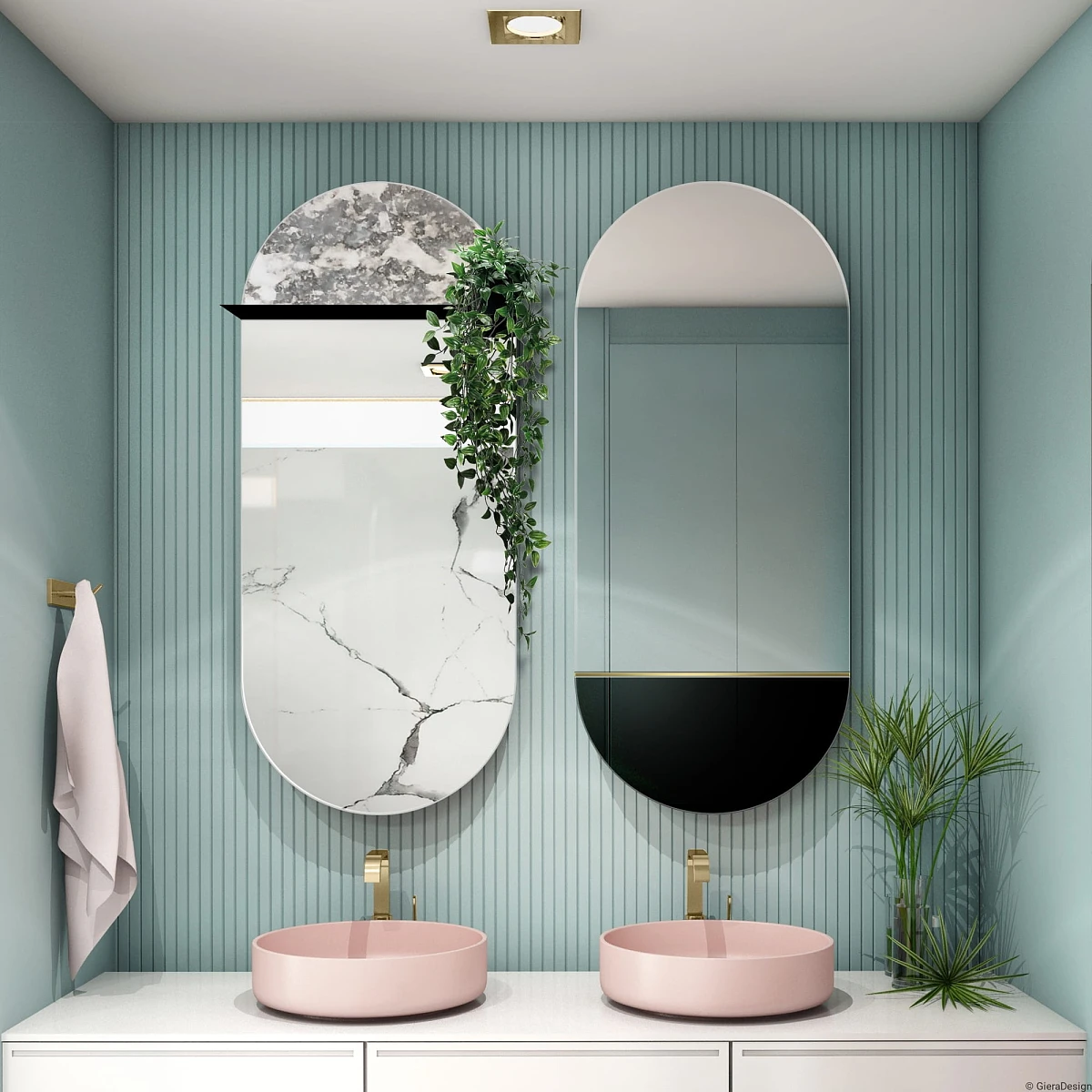 Dwa lustra łazienkowe w kształcie kapsułek ustawione w parze nad parą okrągłych umywalek.    