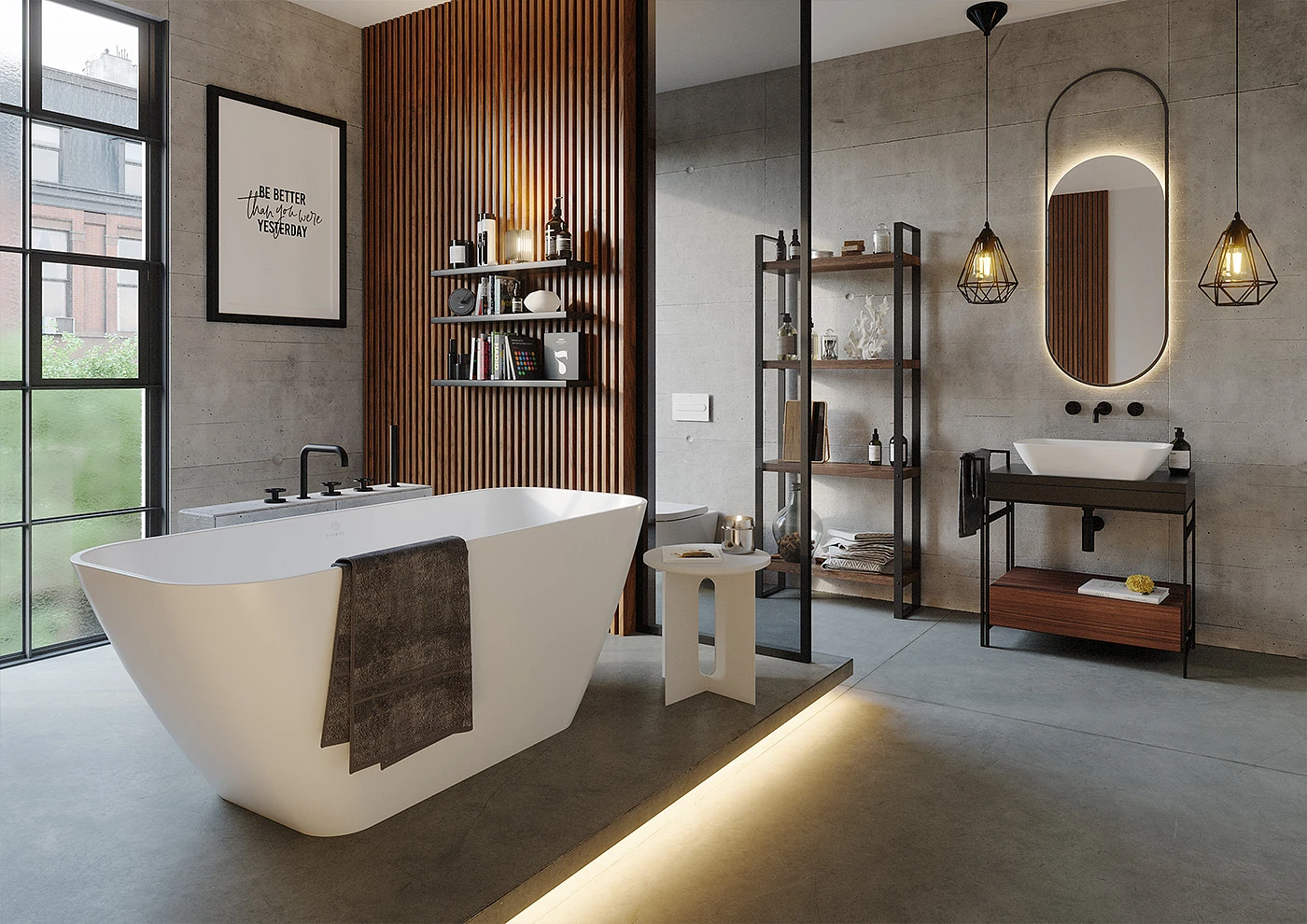  Łazienka w stylu loftowym z wykorzystaniem metalowych oraz drewnianych elementów oraz wielkoformatowych szarych płytek. 