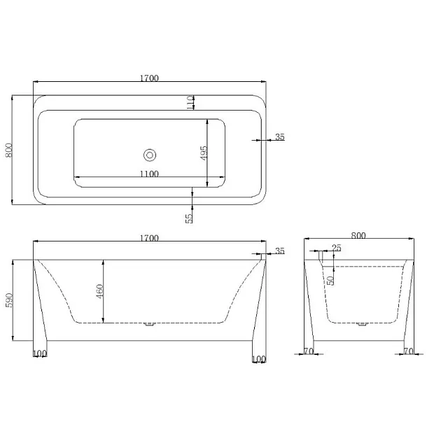 MOBI Wanna wolnostojąca Monroe Lite Square 170x80x58, Akrylowa, Biała