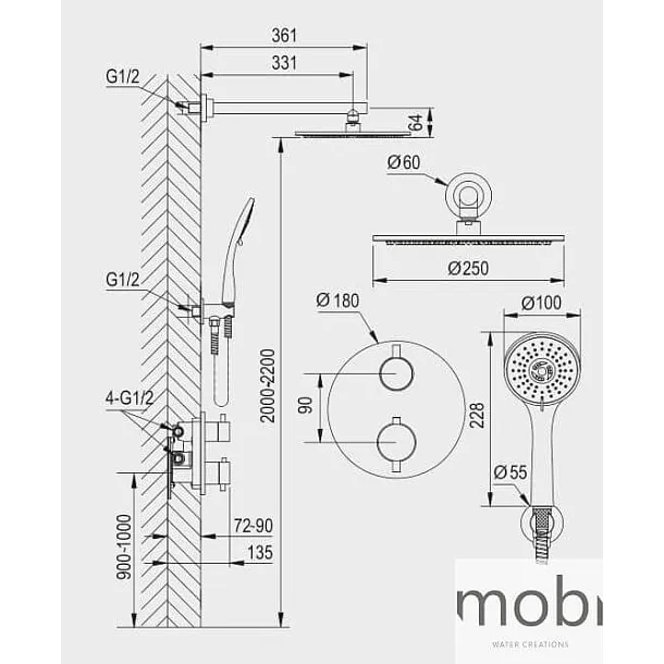 Mobi Liva Gold Termostatyczny zestaw natryskowy podtynkowy 10020202701GO