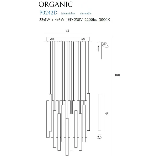 Lampa Wisząca Organic Gold 33x1  Ściemnialna Złota od Maxlight