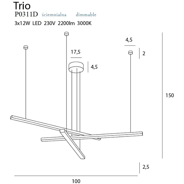 Lampa Wisząca Trio 3 Ściemnialna Czarna od Maxlight