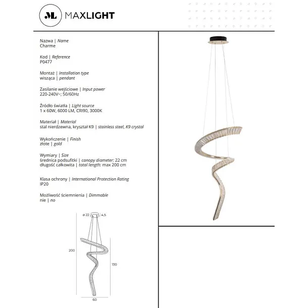Lampa Wisząca Charme Złota od Maxlight